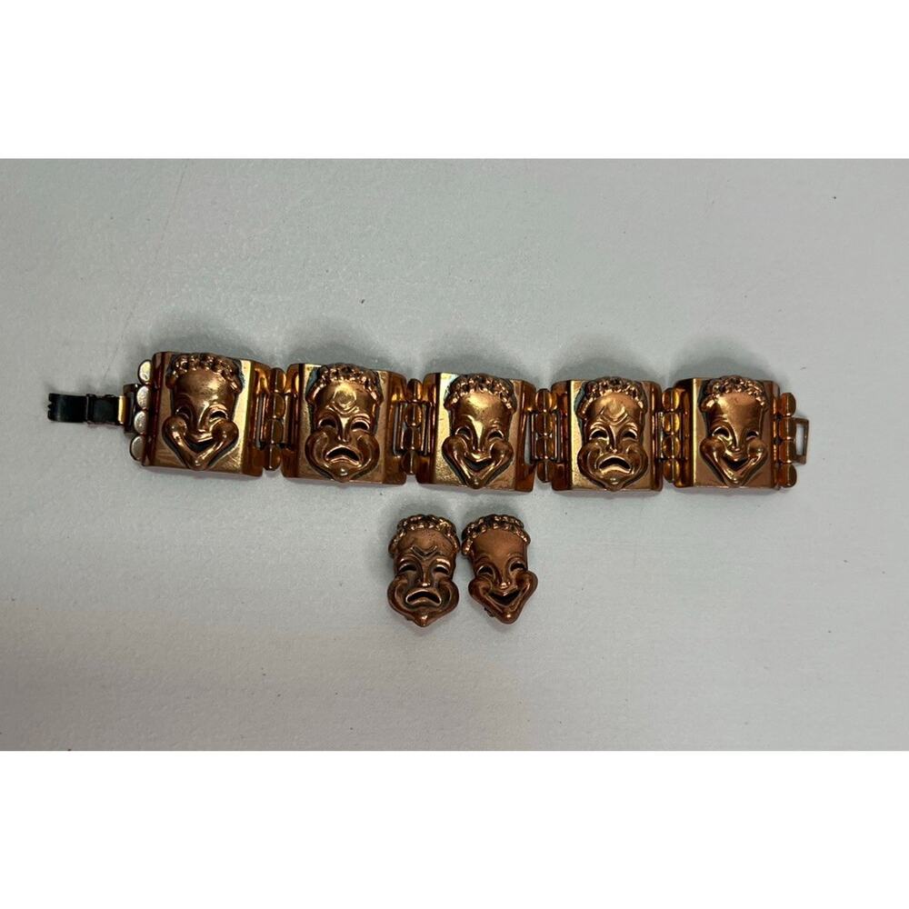Vintage 1950's RENOIR Copper Theater Drama Masks Bracelet & Clip On Earrings - Picture 2 of 9